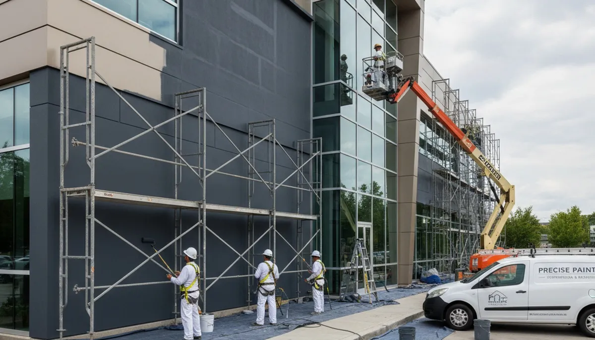 Professional commercial painters in Jacksonville FL applying weather-resistant coatings to business exterior