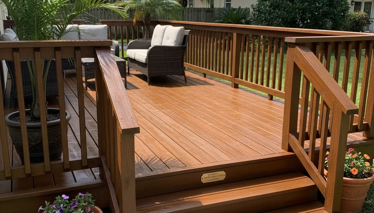 Finished deck staining by professional house painters in Jacksonville FL showing rich wood color and protection