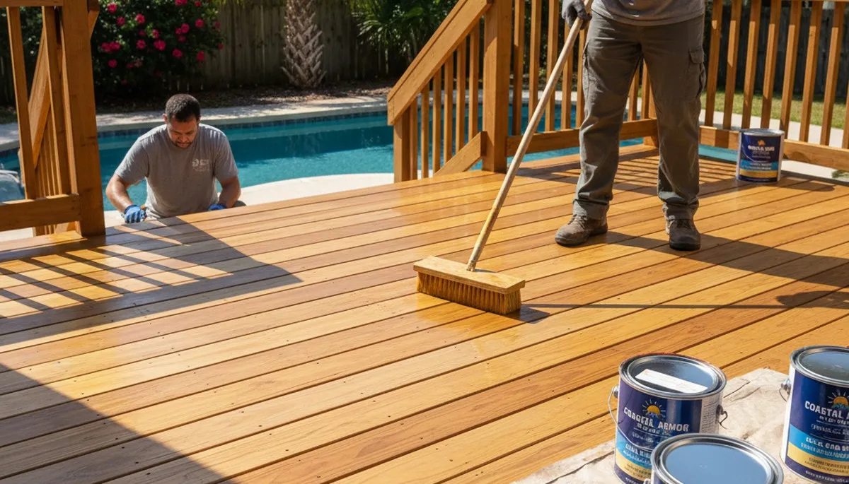 Professional deck staining on wood patio in Jacksonville FL enhancing color and protecting against weather