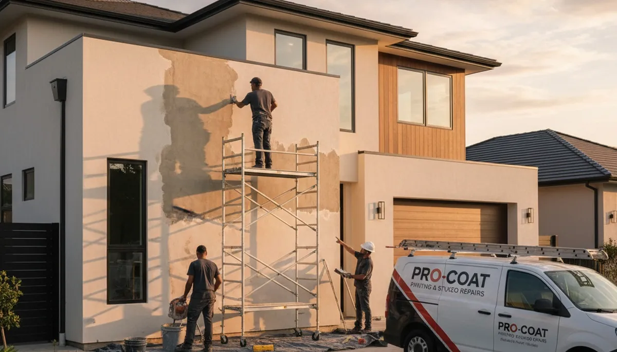 Professional stucco repair on Jacksonville FL home exterior by local house painting experts