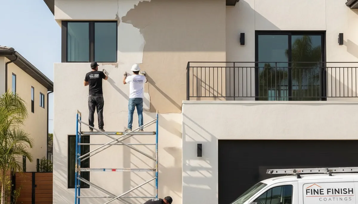 Professional stucco repair on a Jacksonville FL home exterior by local house painting experts