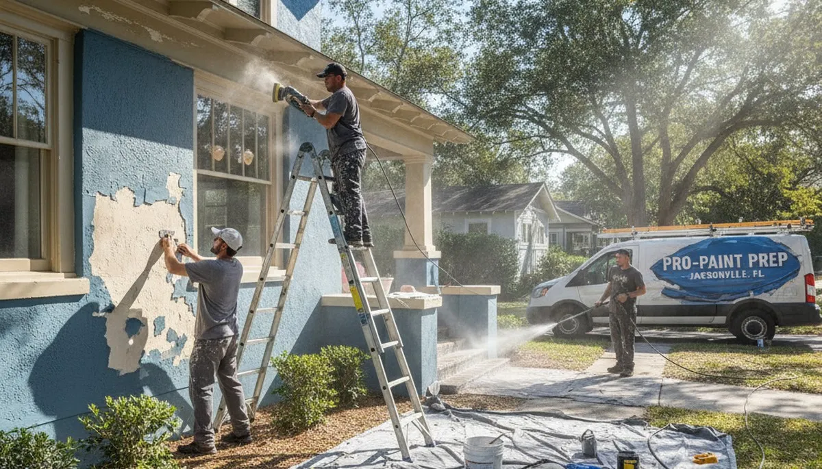 Professional surface prep for exterior painting on Jacksonville, FL home by expert house painters